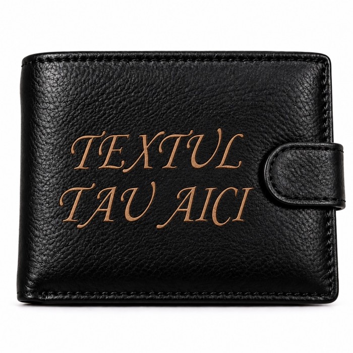 Portofel Barbatesc Negru Personalizat cu TEXTUL TAU – Carduri, Acte si Buzunar Pentru Monede, 13 × 10 cm