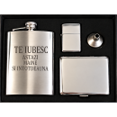 Set Cadou Barbati cu Plosca din Inox Personalizata prin Gravare cu TEXTUL TAU, Bricheta Metalica, Tabachera si Palnie