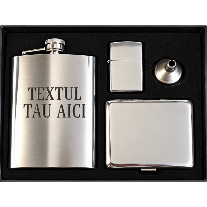 Set Cadou Barbati cu Plosca din Inox Personalizata prin Gravare cu TEXTUL TAU, Bricheta Metalica, Tabachera si Palnie
