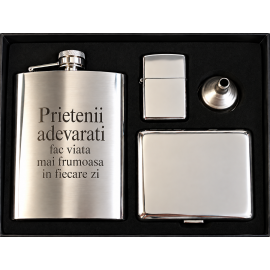 Set Cadou Barbati cu Plosca din Inox Personalizata prin Gravare cu TEXTUL TAU, Bricheta Metalica, Tabachera si Palnie