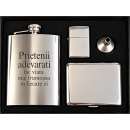Set Cadou Barbati cu Plosca din Inox Personalizata prin Gravare cu TEXTUL TAU, Bricheta Metalica, Tabachera si Palnie