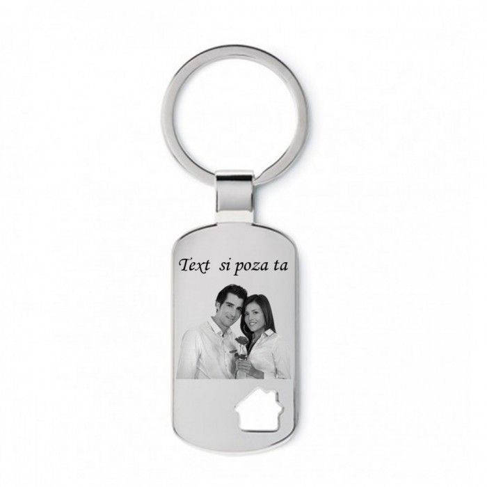 Breloc personalizat dreptunghi cu casa decupata gravat cu poza si textul tau